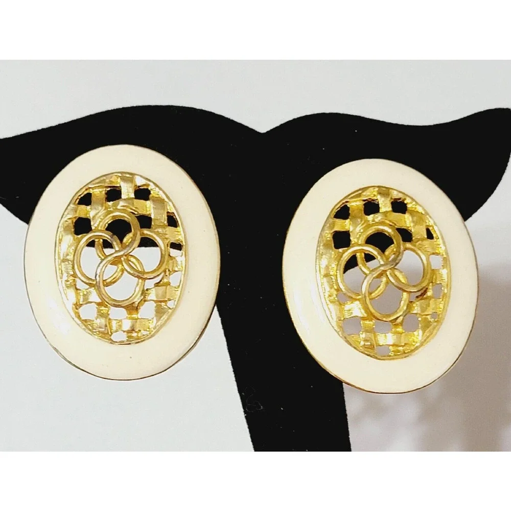 Vintage Large Enameled Oval Pierced Earrings Cream White & Gold-tone 1.5